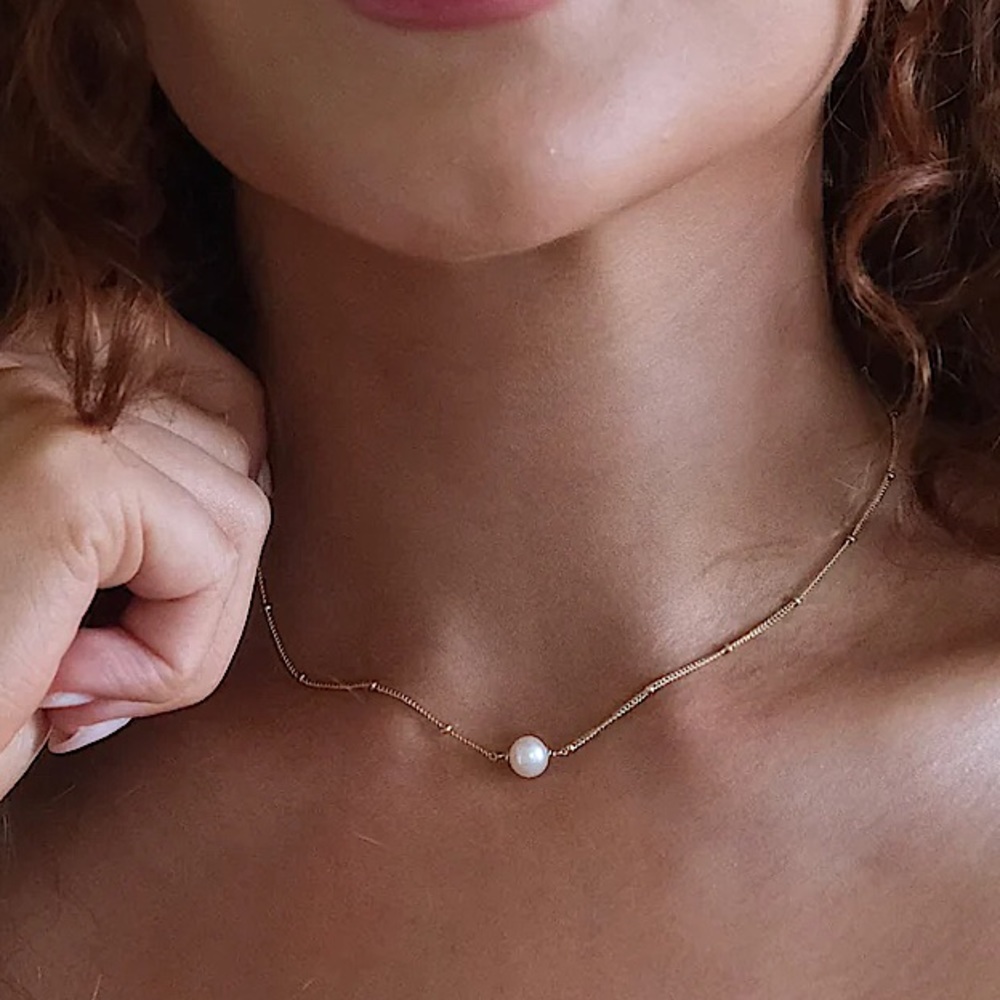 14K Gold Plated Bobble Ball Chain Necklace With White Pearl Charm